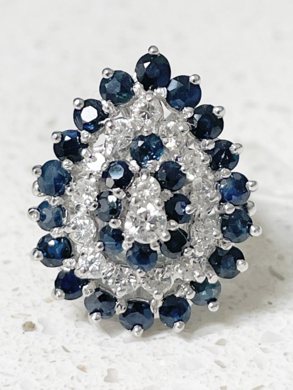 Vintage 14k white gold sapphire diamond pear-shaped cluster cocktail ring size 7